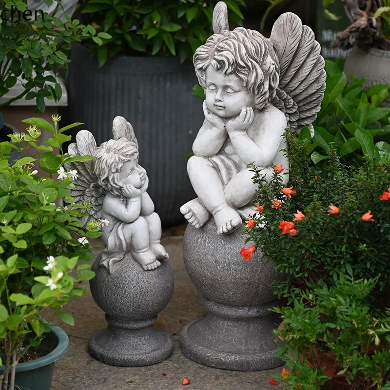 HT   Mr. Garden Vintage Angel Ornament Cute Outdoor Character Sculpture Garden Decoration Patio Balcony