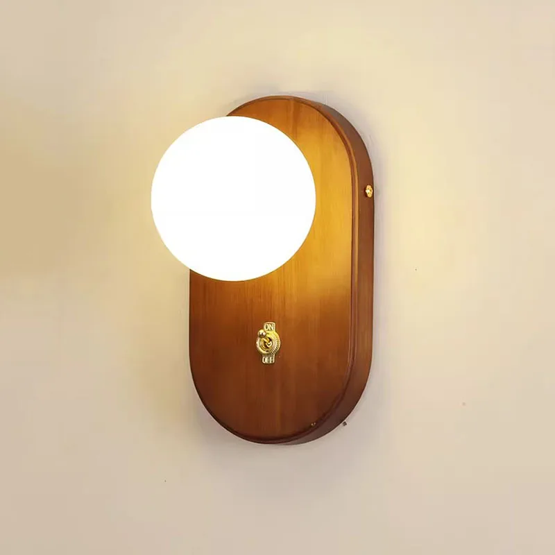 

Wabi-sabi Retro Solid Wood Wall Lights Glass Sconces ON/OFF Switch Bedroom Bedside Lamps Hallway Entance Aisle Wall Lamp G9