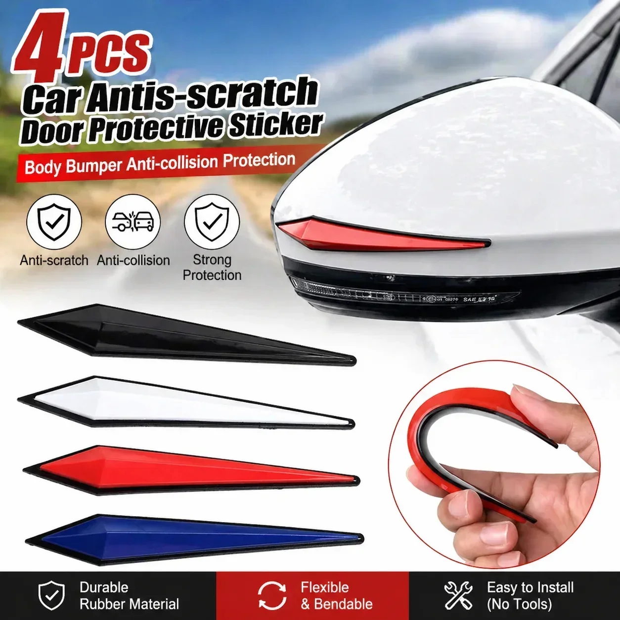 4pcs Car Antis-scratch Protector Sticker Car Body Bumper Anti-collision Strip Rubber Protection Door Rearview Mirror Edge Guard