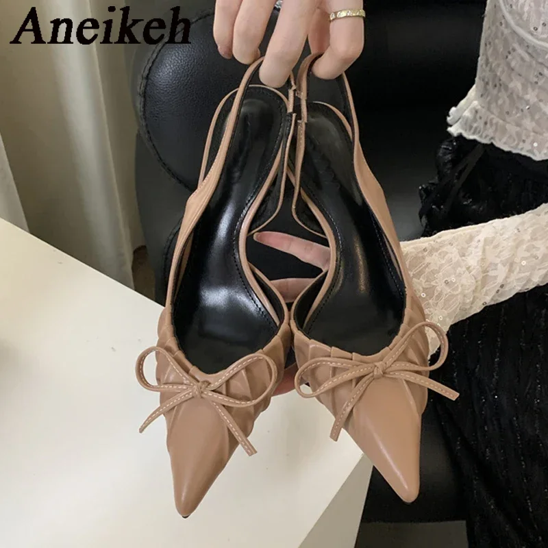 Aneikeh-zapatos de tacón alto de PU para mujer, sandalias de punta estrecha con nudo de mariposa, elegantes, sin cordones, plisados, para verano, 2024