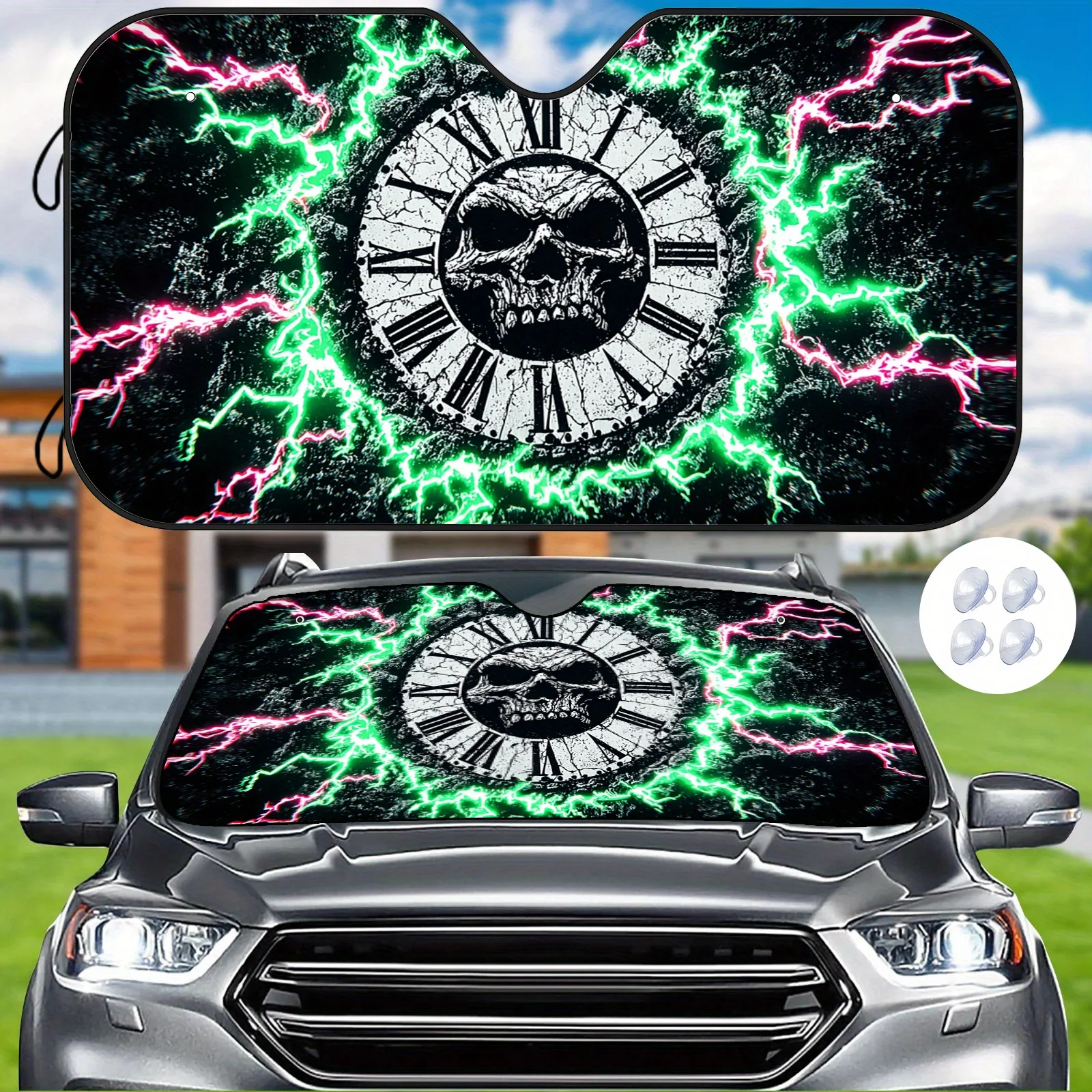 The Clock Skull-Themed Car Sunshade Features A Lightning Surround Digital Pattern Design And Comes With Auxiliary Clips To Effec