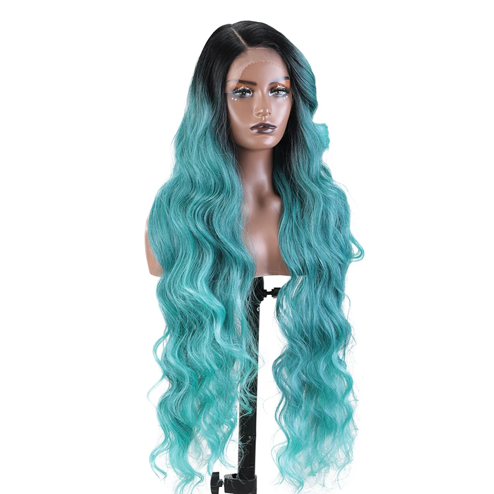 Synthetic Lace Front Wig Ice Blue Green Black Wig Long Wavy 36 \