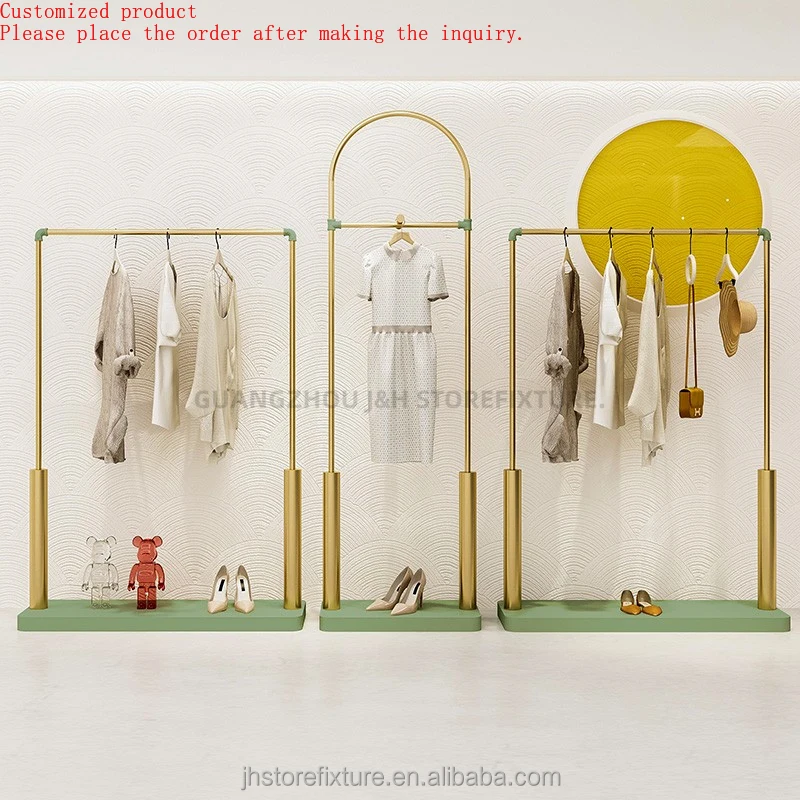 

Hot Sale Floor Stand Clothes Hanger Metal Golden Clothes Hanging Rack Stainless Steel Display Shelves for Shop