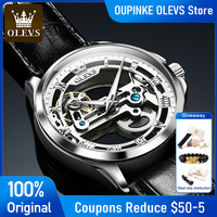 OLEVS 6661 Mens Watch Skeleton Automatic Mechanical Watch Leather Strap Transparent Waterproof Watches For Man Original Luxury