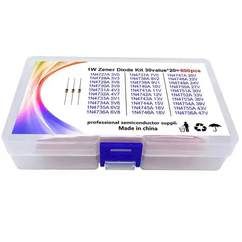 600pcs 3V-47V Diode Kit 1W Zener Voltage Regulator 39V 30V 27V 24V 22V 20V 18V 16V 13V 12V 10V Zener Diode Set 30Values*20pcs