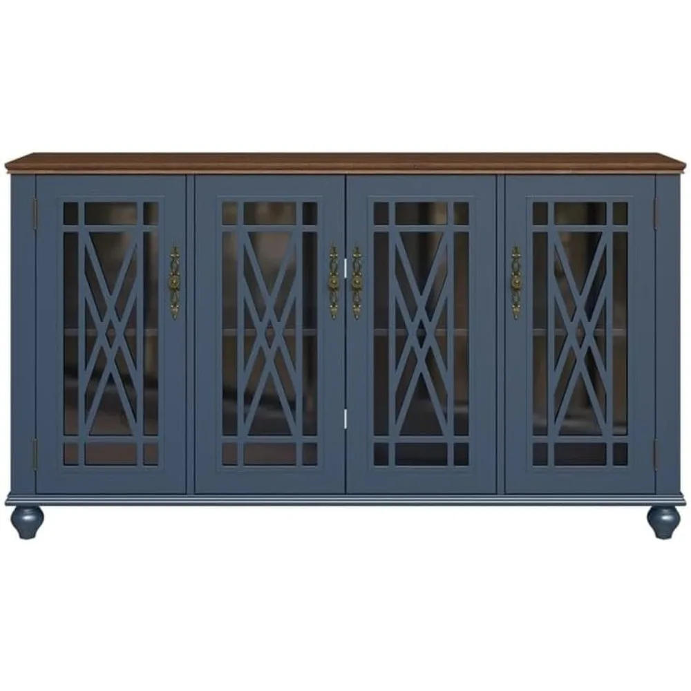 

63" Coastal Wood Kitchen Accent Buffet Sideboard Cabinet with 4 Glass Paneled Doors, Adjustable Shelves, Assembly Required