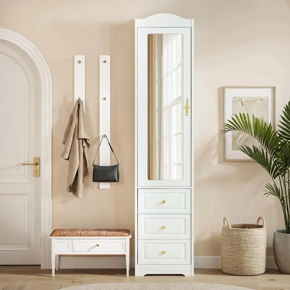 69.5인치 화이트 우드 아르모아, 거울 도어, 서랍 3개, 센서 LED 조명 및 침실 수납용 행거 포함