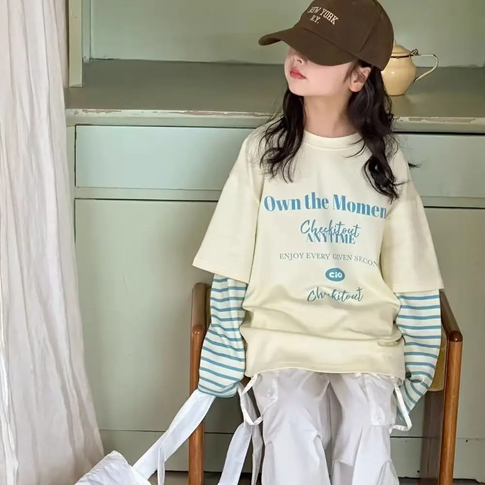 Girl's Fake Two Long Sleeved T-shirt 2026 Spring And Autumn New Children's Top Girl Base Shirt