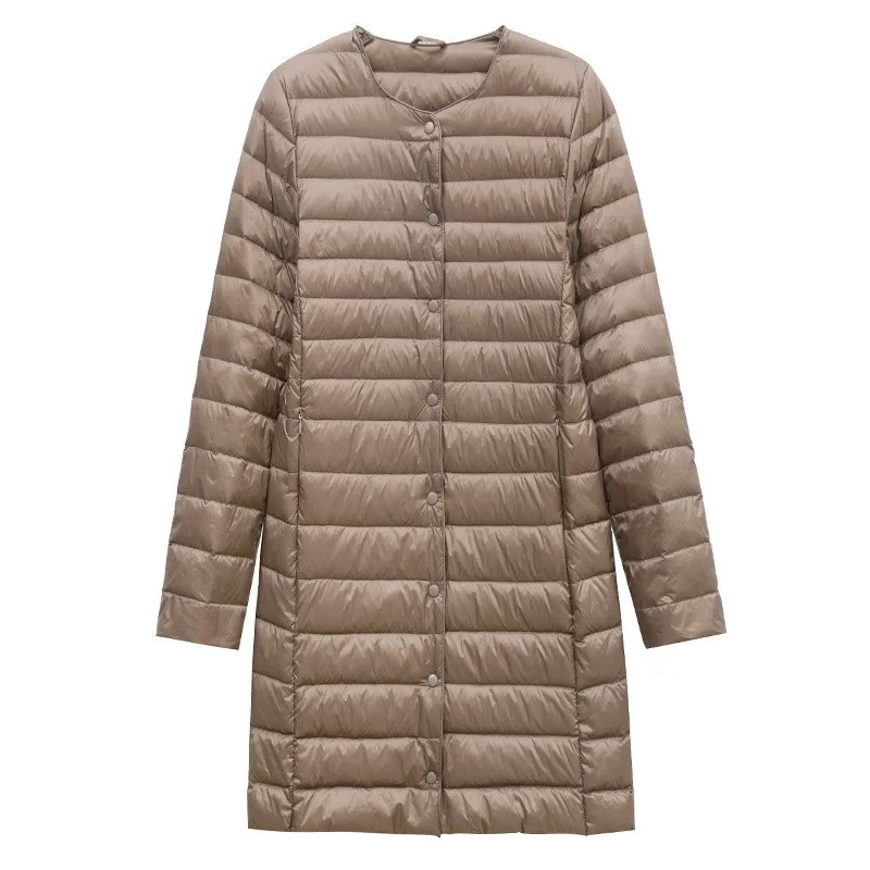 Women's Korean Style Lightweight Slim Fit Puffer Down Coat with Convertible Collar Mid-Long Winter Parkas for Female Woman