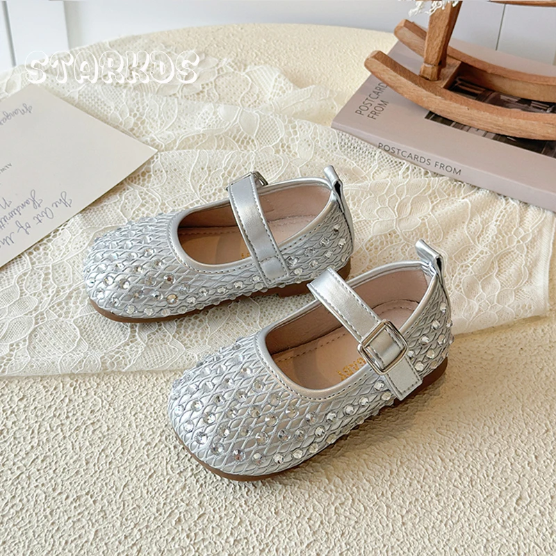 Bling Crystal Stud Cover Fishnet Ballet Flat Shoes Kid Girls Elegant Brand Design Princess Shoes Baby Child Party Dress Zapatos