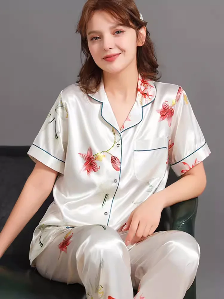 Two-piece Women's Short Sleeve Silk Satin Pajamas Set Sleepwear Button Down Loungewear Pjs Suit Print Pure Silk Pijama Homewear