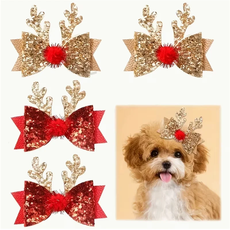 2pcs Moose-themed pet hairpin, suitable for dogs and cats - shiny antlers and bows, dog and cat Christmas decoration headband