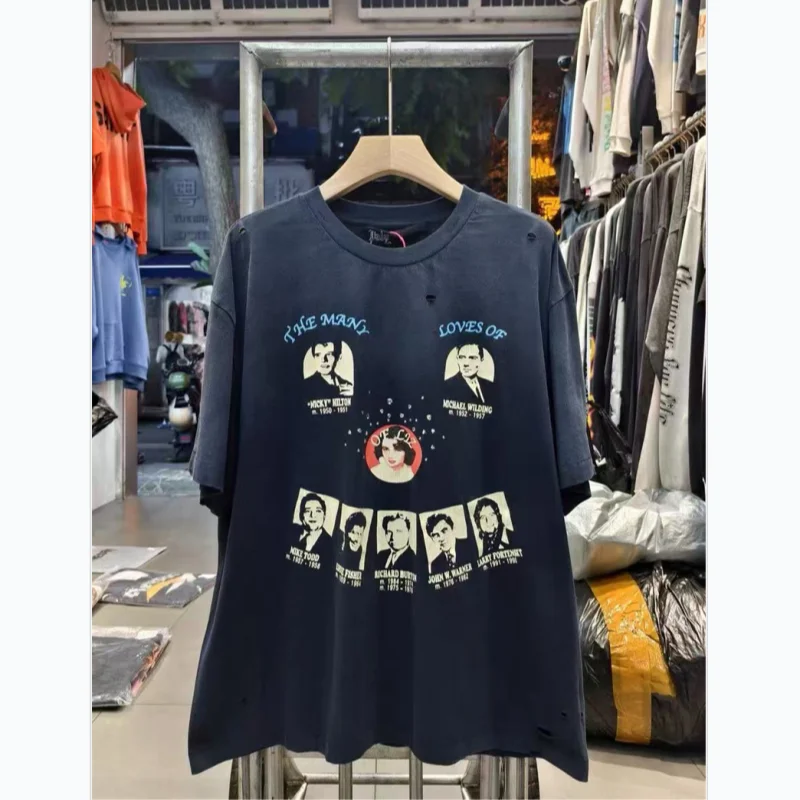 

26SS Повседневная винтажная потертая синяя футболка с принтом игривого узора, хлопковая уличная одежда для мужчин и женщин, топы