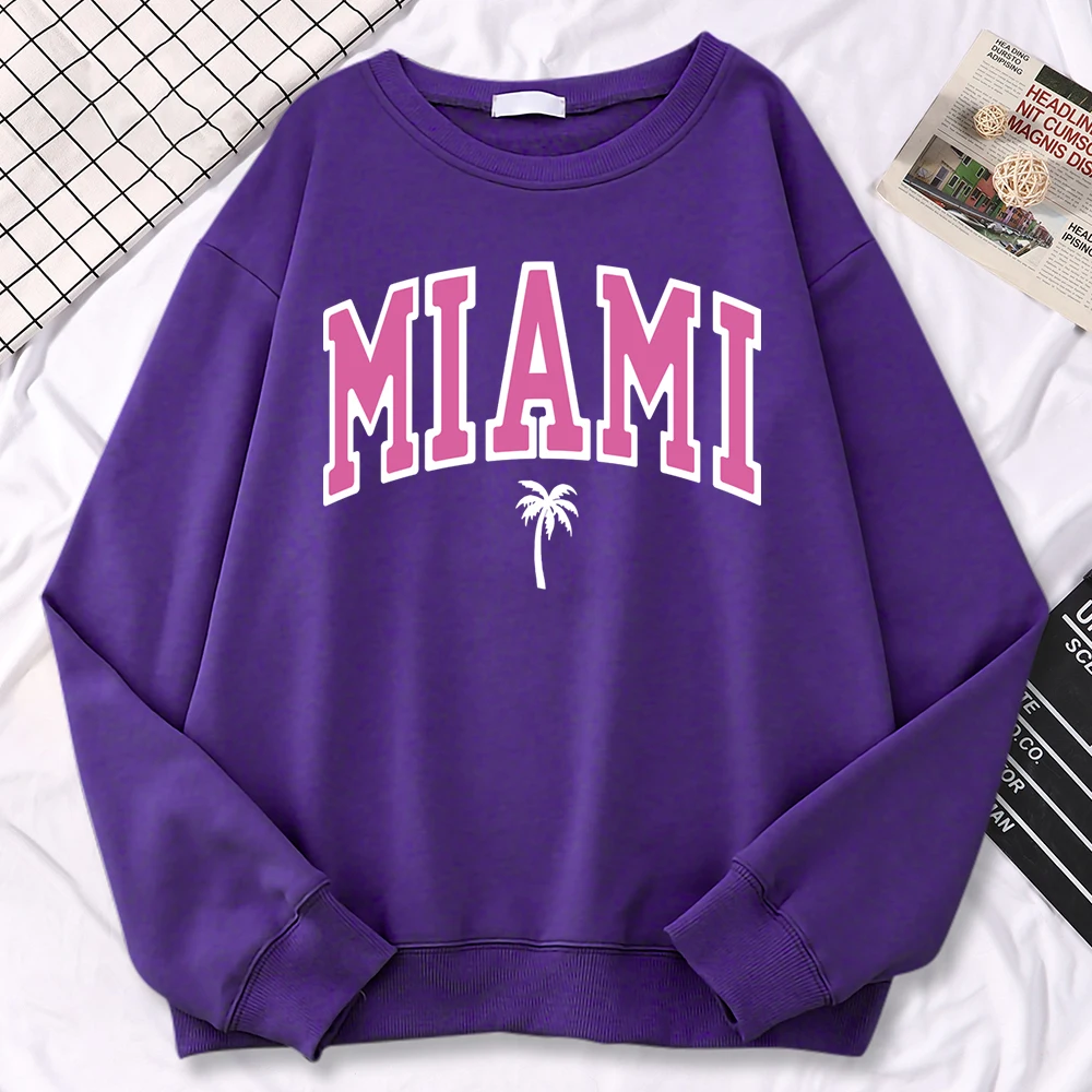 Autumn Casual Sweatshirts For Women Miami Beach Printing Hoodies Comfortable Fleece Pullovers Crewneck Loose Female Sportswear