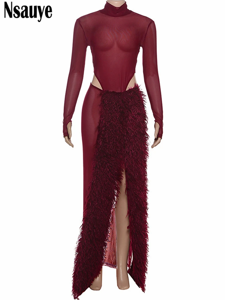 Nsauye Sexy Party Night Club Body in rete a vita alta Top 2025 Gonna lunga aderente alla moda con spacco alto Set da 2 pezzi 2025