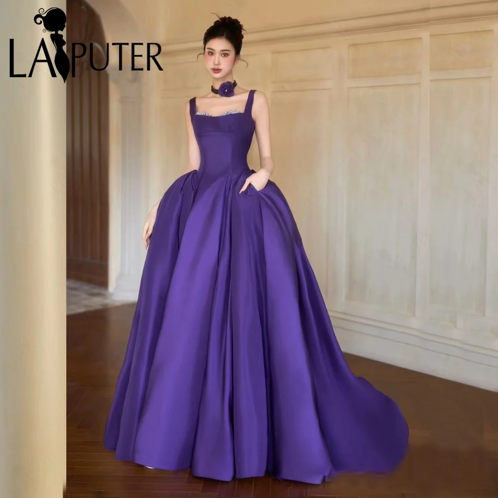 Grape Satin Evening Dresses Square Neck Shoulder Straps Simple A line Prom Gown Box Pleat New Design 2024 Celebrity Dress