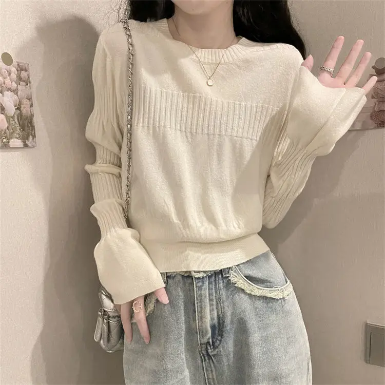 Sweaters Women'S Autumn Winter O Neck Bubble Sleeves Unique Knitted Sweater Flower Bract Sleeve Pullovers