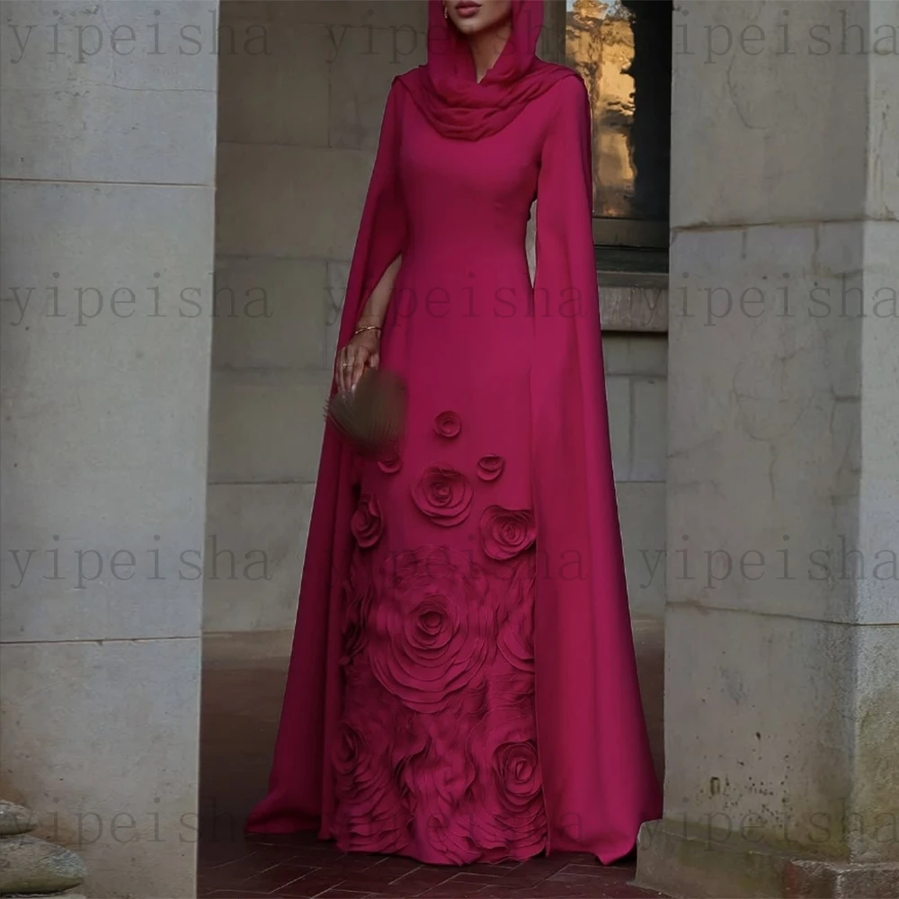 Customized O-Neck Evening Dresses Full Sleeve 3D Flowers Appliques A-Line Prom Gown Simple Long Saudi Floor-Length Party Dress