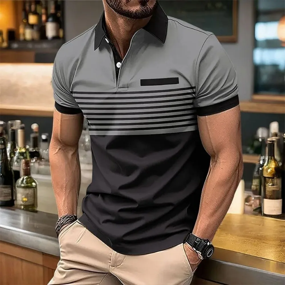 Polo transpirable cómodo con estampado de rayas para hombre, moda de verano europea y americana, top informal urbano para exteriores