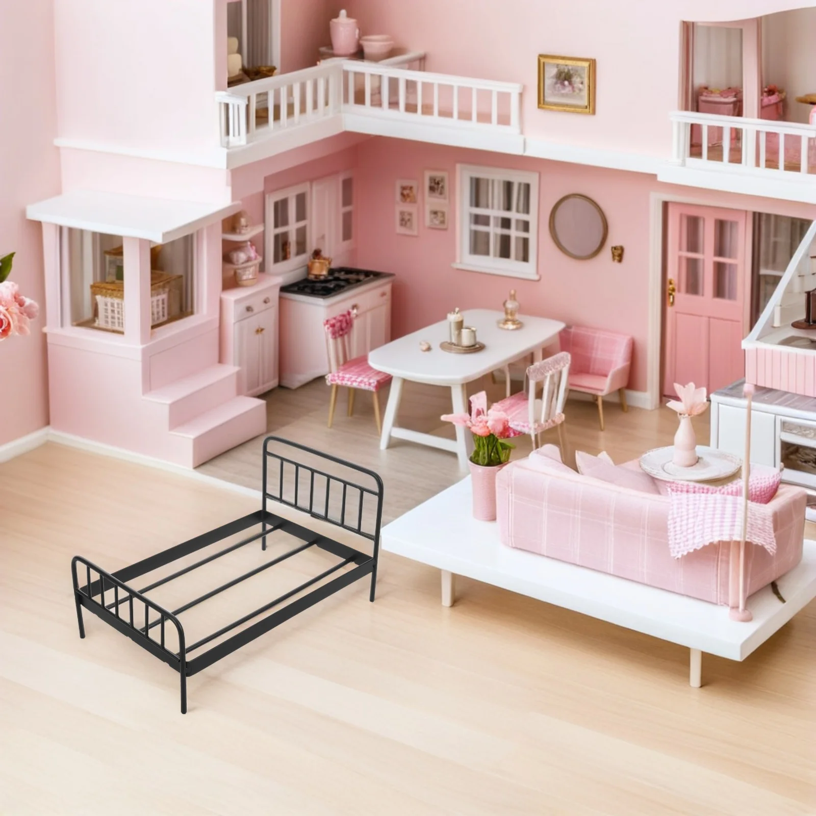 Berceau Miniature en fer pour maison de poupée, petit lit en métal, meubles de chambre à petite échelle, décor réaliste pour jeu de simulation, noir