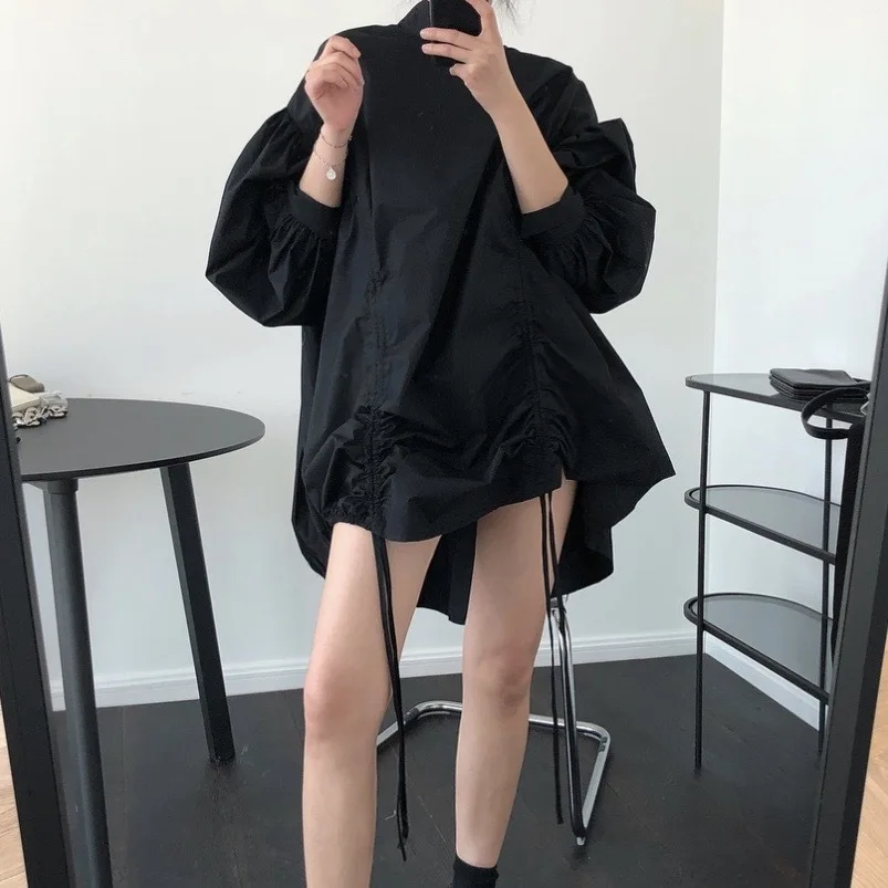 Moda irregular vestido feminino gola lanterna mangas cordão designer solto casual preto branco curto camisa vestidos