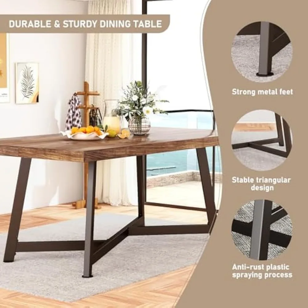 72" Solid Wood Dining Table for 4 5 6 People, Rustic Brown Rectangular Dinner Tables, Large Kitchen Table w/Adjustable Metal Leg