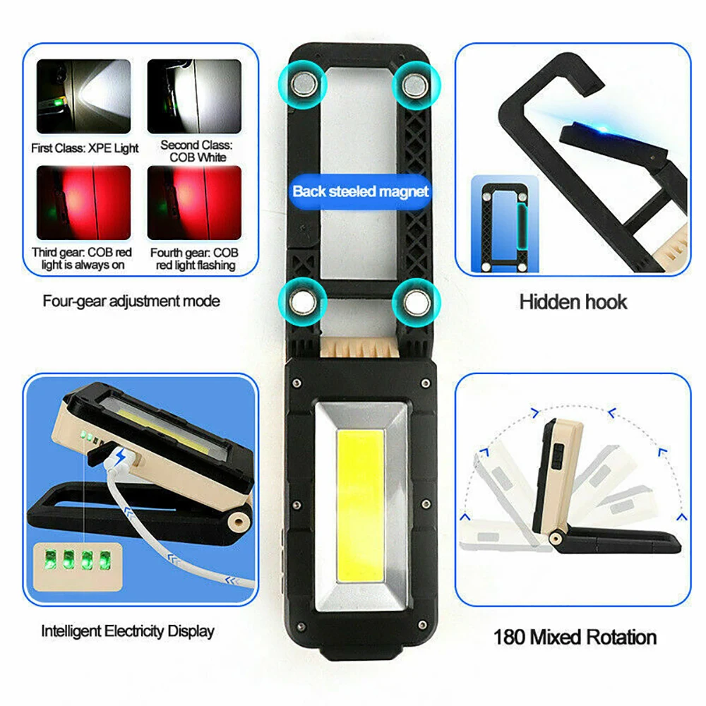 Lampe de travail COB aste USB multifonctionnelle avec aimant, lampe de poche LED super lumineuse, lumière de réparation automatique, lampe de camping portable