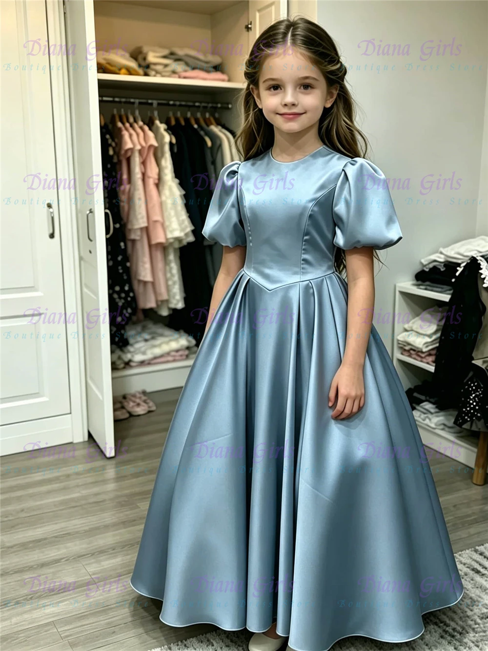 Quality Elegant Short Sleeves Satin Fluffy Flower Girl Dress for Kids Wedding Ceremonies Formal Receptions Customized Gowns