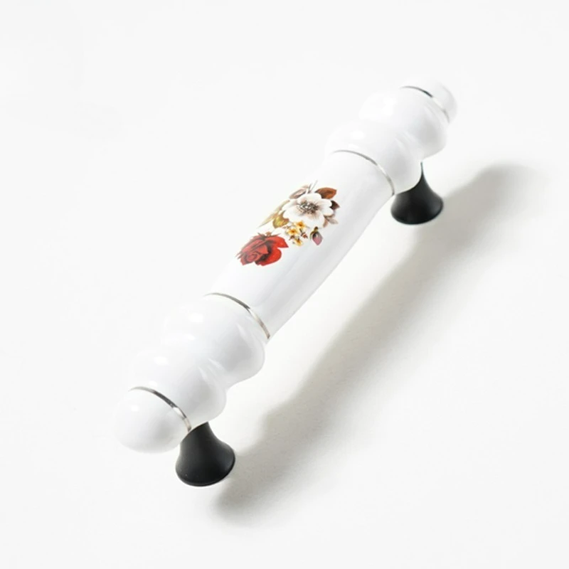 High End Ceramic Wardrobe Handle, Red Rose, 96mm Hole Spacing, Rectangular Cabinet Drawer Door, White Handle