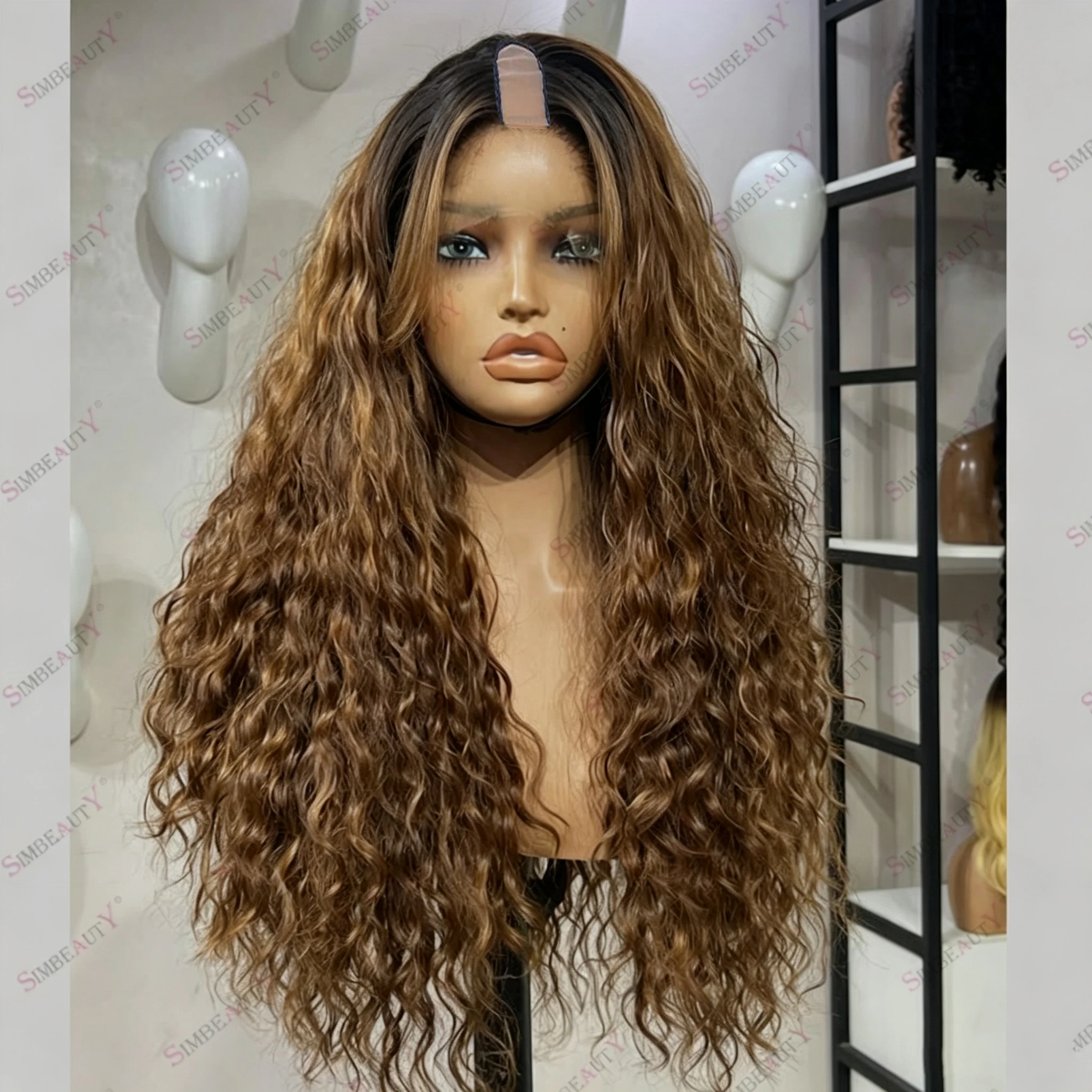 Ombre Golden Brown Water Wave U Part Wig Human Hair Black Women Easy Install V Part Honey Brown Highlight Curly Human Hair Wig