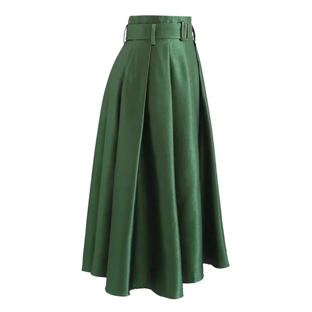 Vintage Französischer Dunkelgrüner Satin-Maxirock für Damen – Hochtaillierter, Gürtelbesetzter Schlagrock – Modische Party-, Hochzeits- und Abendröcke 2026 – Detail 2