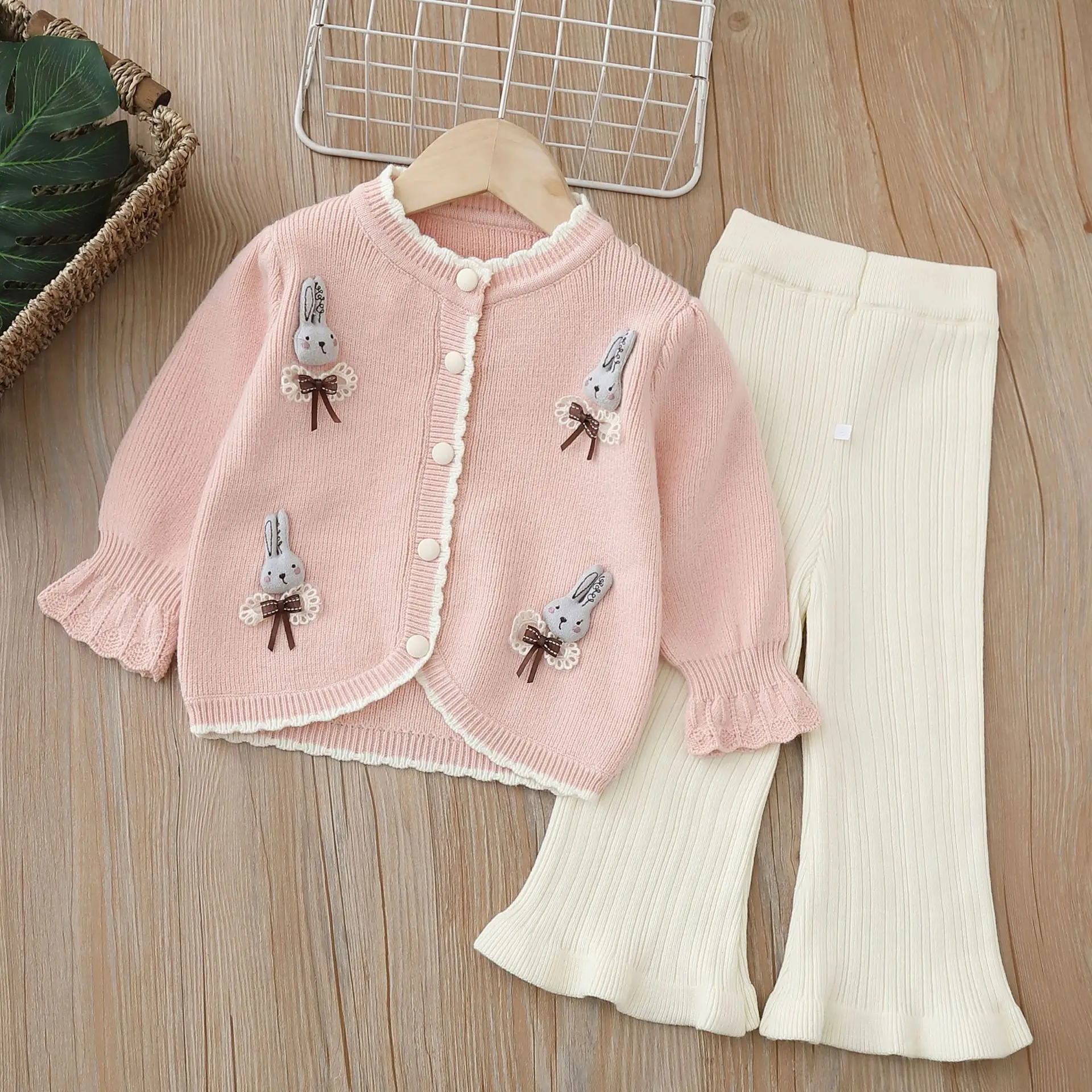 Hasen-Cardigan-Set für Kleinkinder und Mädchen – Kaninchen-Strickpullover + Hose mit weitem Bein |   2-teiliges Winter-Outfit für Babys und Mädchen