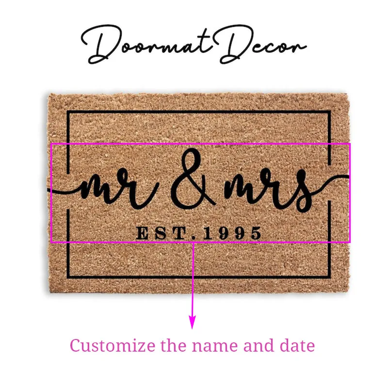 ممسحة مخصصة مع الاسم وتاريخ بناء المنزل تقليد مادة جوز الهند والكتان حدد لون الخط مثالي لحفل الزفاف #2
