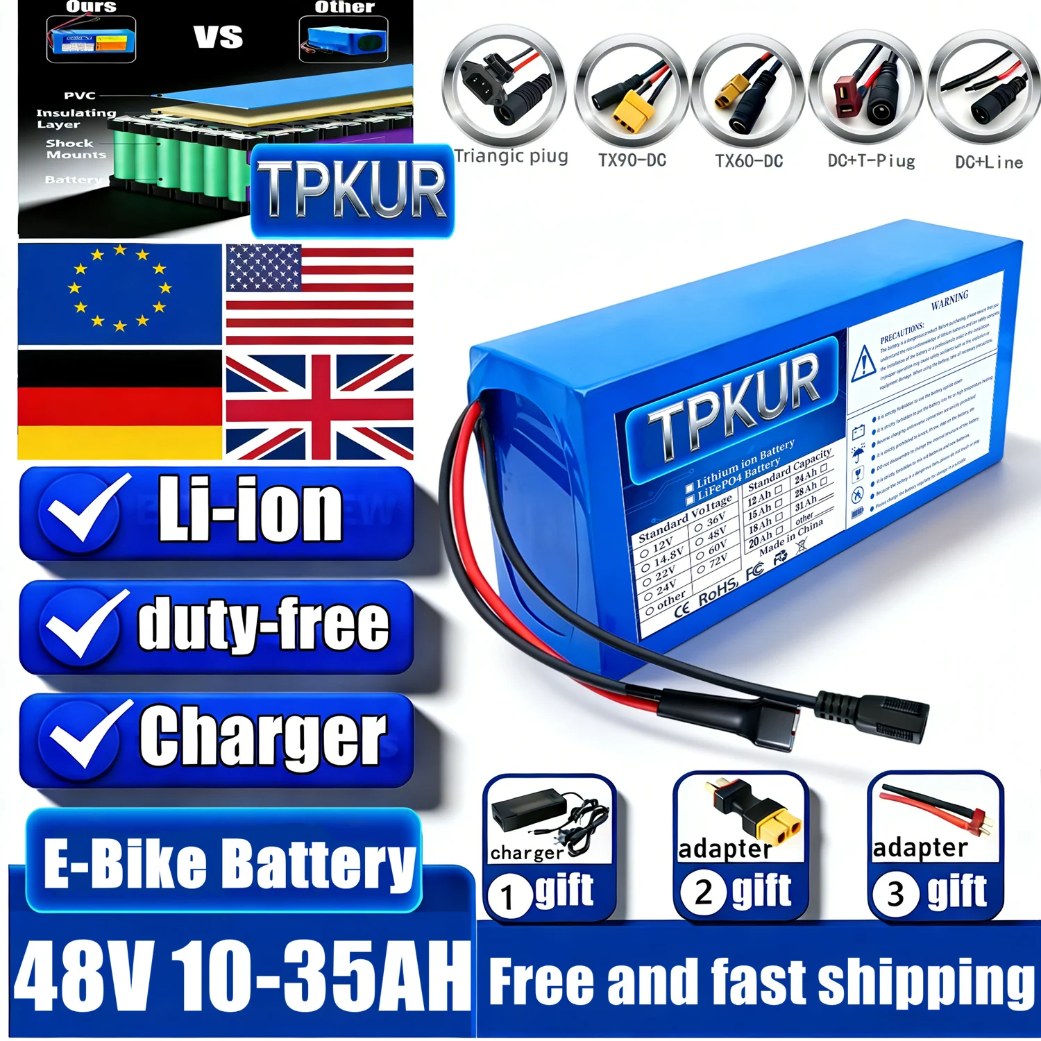High Capacity 18650 48V 20Ah 10AH 15AH 25AH 30AH 13S5P lithium battery pack large capacity suitable for 250-1500W built-in BMS