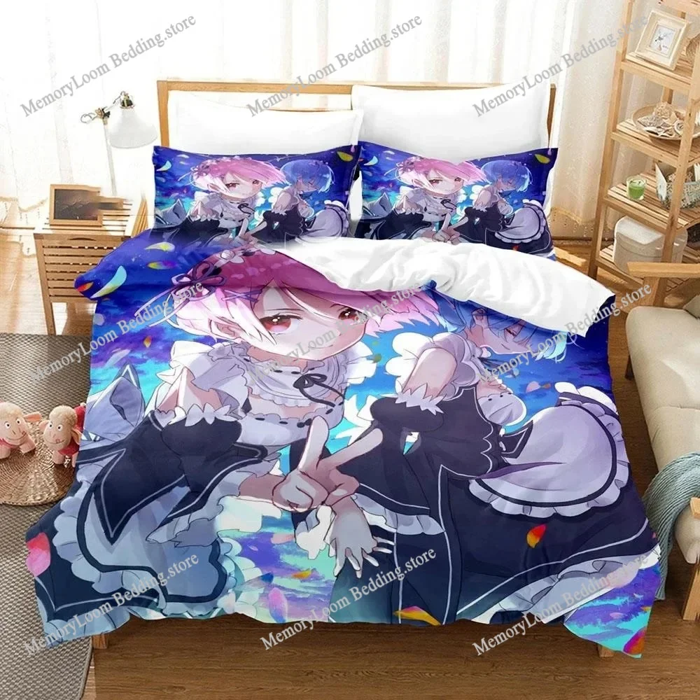 Anime Character Cute Re Zero Rem Ram Emilia Bedding Set Full/Queen/King Size Duvet Cover Pillowcase Kids Adult Soft Home Textile