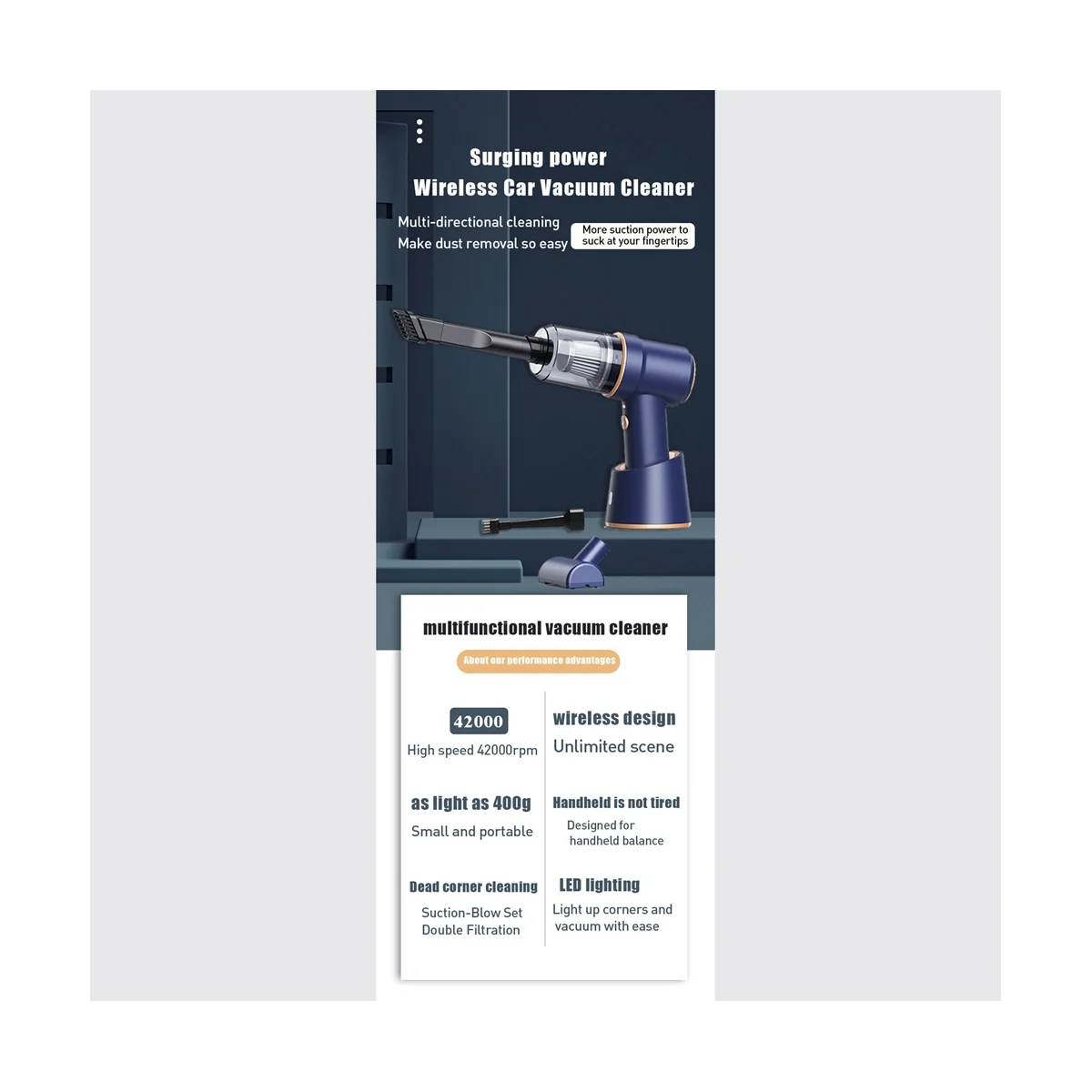 Portable Car Vacuum Cleaner Charging Compressed Air Handheld High-Power Cordless Vacuum Cleaner Office-White