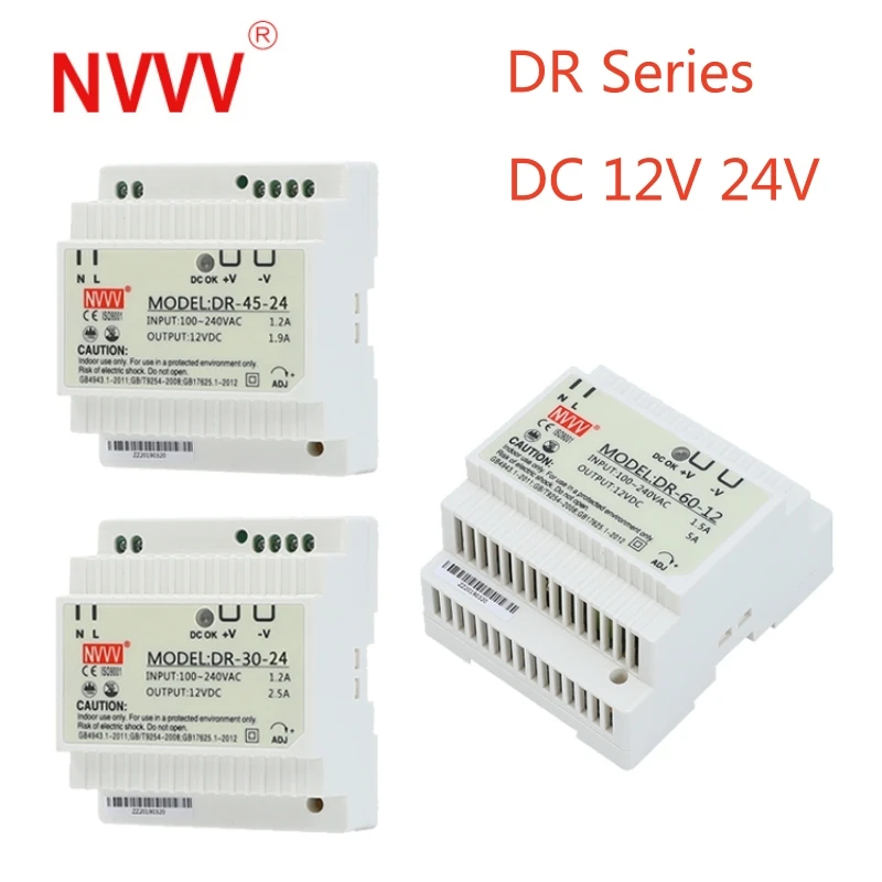 NVVV DR Series Din Rail Switching Power Supply 12V 24V Power Supply 48V 30-480W 110/220v AC To DC Voltage Stabilizer Transformer