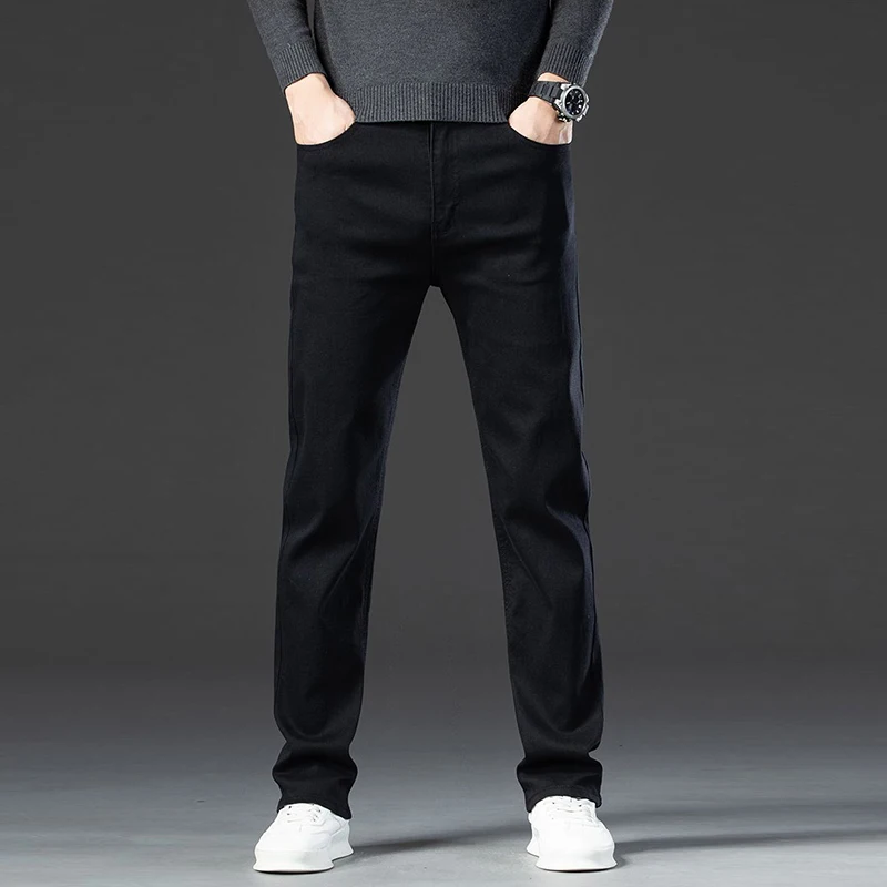 الرجال الدافئة الخريف الشتاء صوف مبطن سميكة الجينز الذكور موضة فضفاضة مستقيم الدينيم السراويل الذكية عادية سليم صالح بنطلون