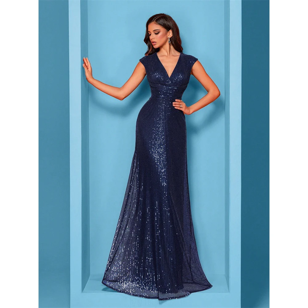 

2025 New Sequin V-Neck Evening Dress Floor-Length Sleeveless Slit Gown Elegant Party Banquet Gowns Women's Fashion