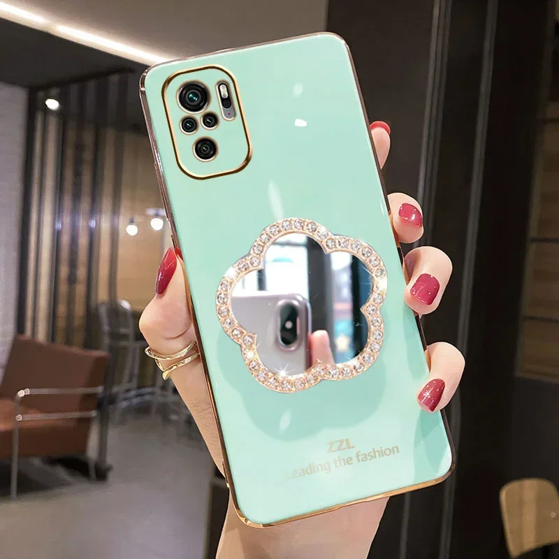 Diamond Mirror Holder Silicone Case For Redmi Note 12 Pro 12 4G 11 Pro 11S 10 10S 10C 9T 9 8 8T 10A A1 12C Plating Cover