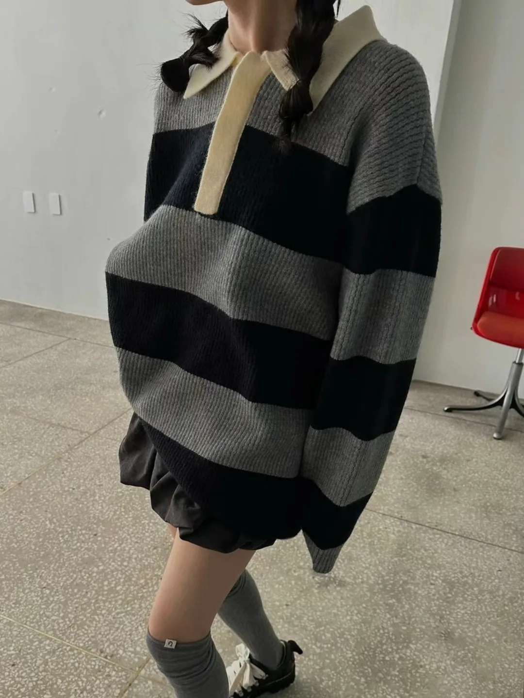 

Laid-ba Sle Women's Long Sve Striped Knitwear Casual Versatile Loose Fit Mid-Length Top for Younger Looking