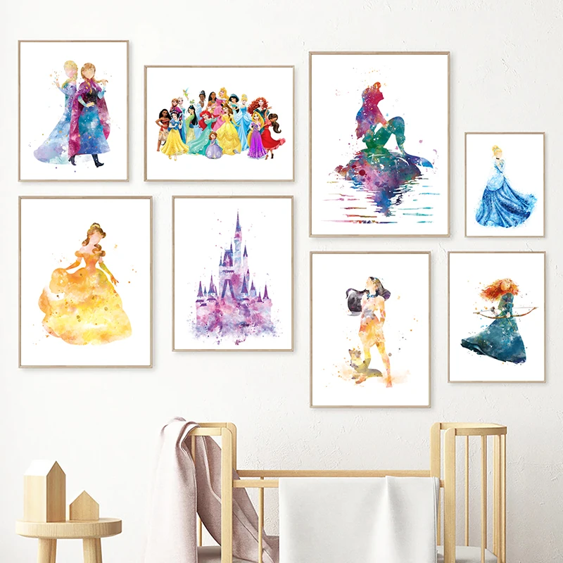 Póster de princesa de acuarela, impresión artística de pared para guardería, pintura en lienzo para fiesta de princesas de Disney, imagen, decoración para habitación de bebés y niñas