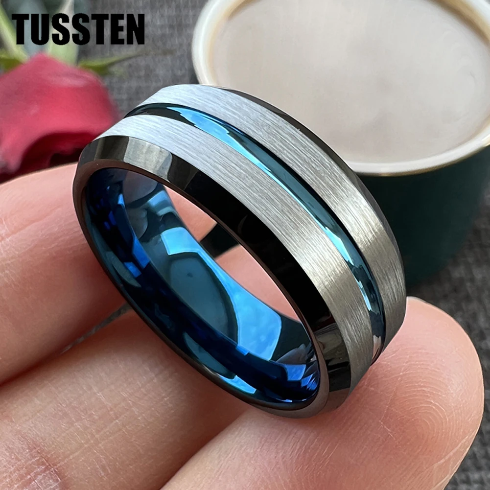 

Dropshipping TUSSTEN Men's 8mm Blue&Black Double Tones Tungsten Carbide Ring Matte Finish Beveled Grooved Wedding Band