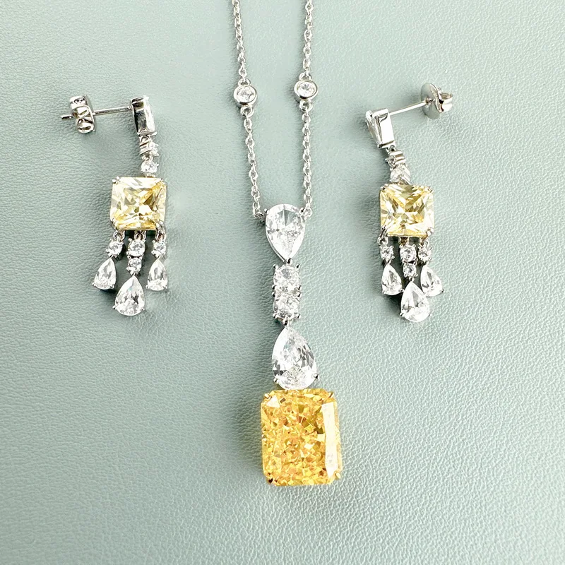 Designer Collection Fashion Style Earrings Necklace Women Lady S925 Silver Inlay Yellow Square Cubic Zircon Pendant Jewelry Sets