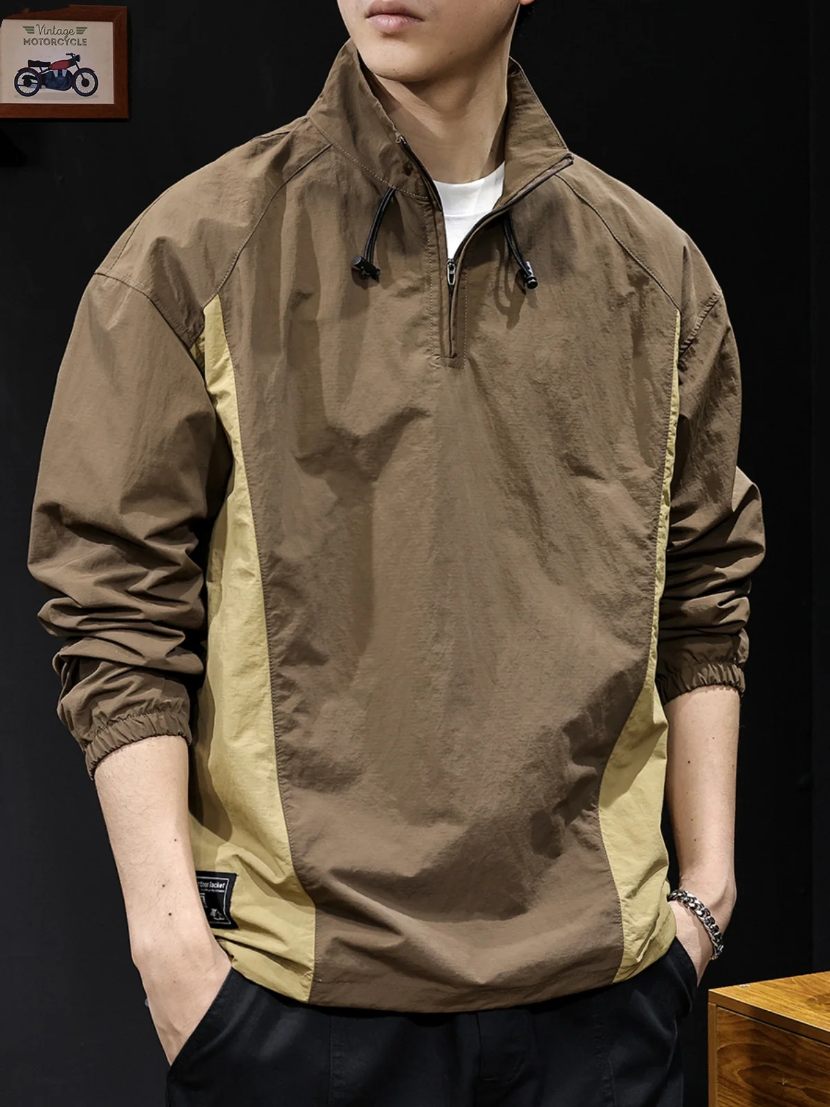 

Мужская повседневная свободная куртка с воротником на молнии для активного отдыха, быстросохнущая, однотонная, молодежная, весенняя, в американском стиле