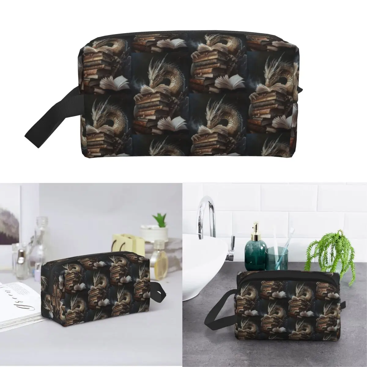Book And Sleeping Dragon Makeup Bag Cosmetic Organizer Storage Dopp Kit Toiletry Cosmetic Bag for Women Beauty Travel