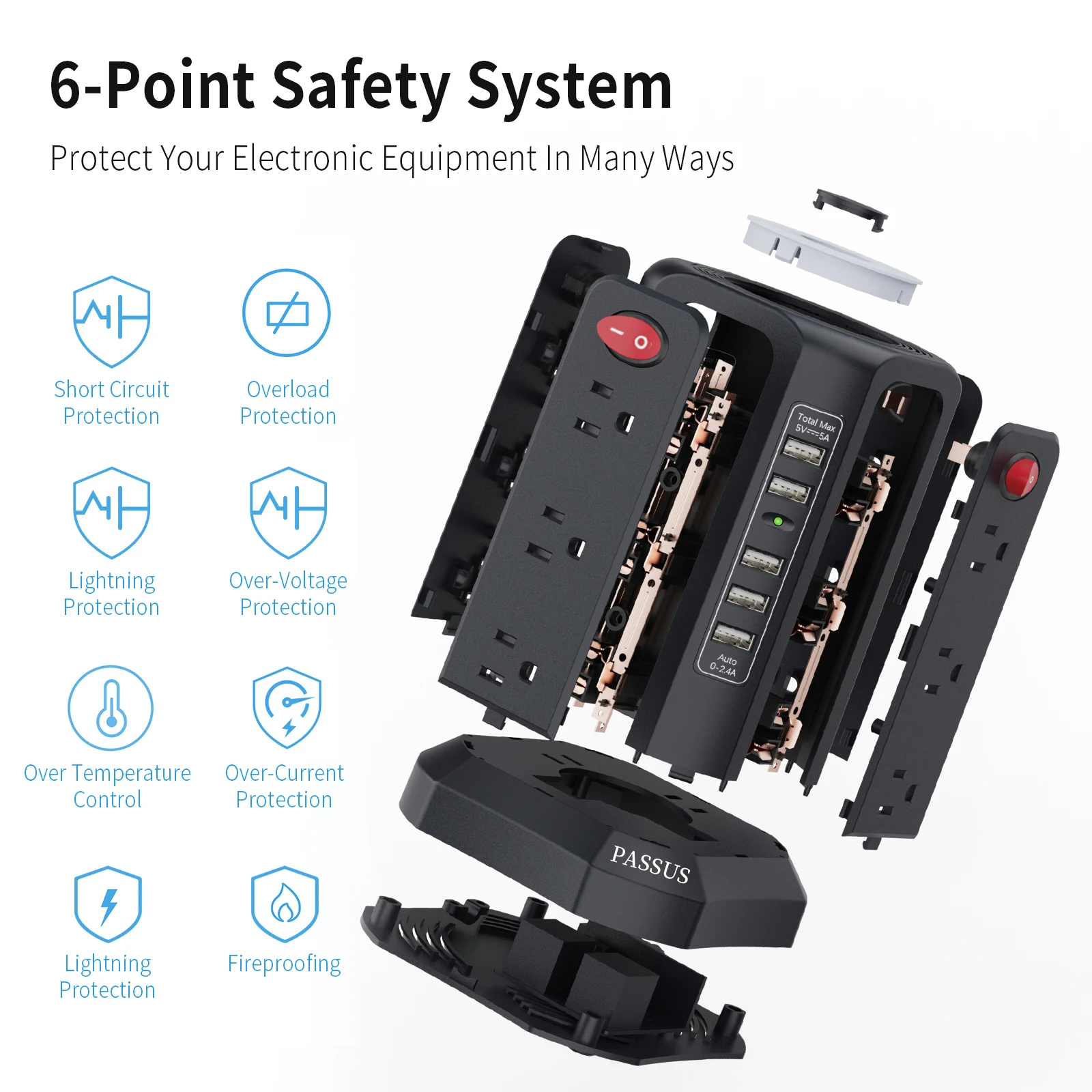 10FT Extension Cord with 12 AC Multiple Outlets, 5 USB Ports and Night Light, PASSUS Surge Protector Power Strip Tower