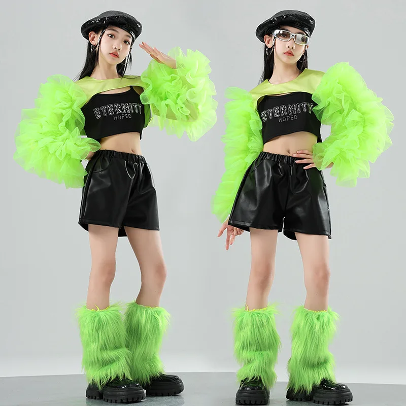 أطفال الهيب هوب ملابس الرقص الحفل مرحلة الأداء ارتداء الفتيات ملابس رقص الجاز الأخضر نفخة الأكمام الترتر القمم السراويل دعوى