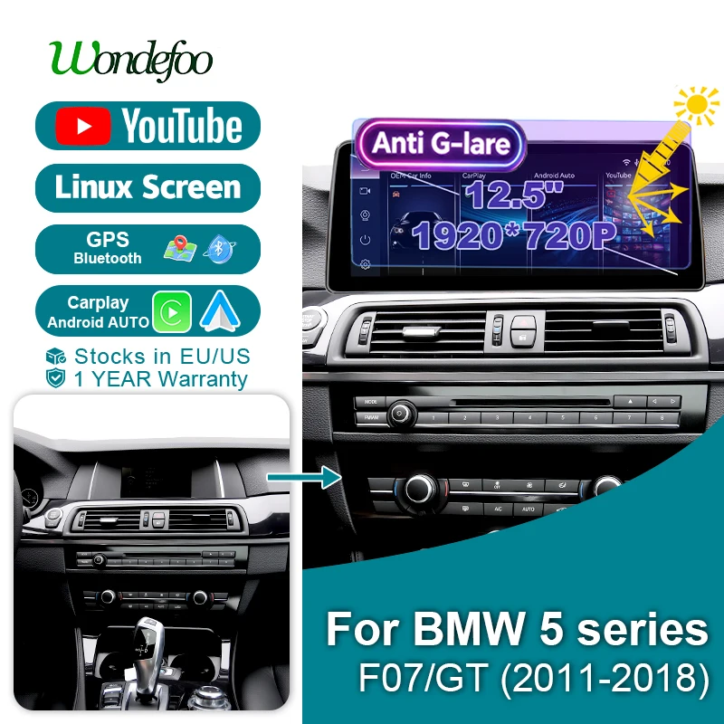 Wondefoo 12.5'' Linux car radio wireless carplay For BMW 5 series F07/GT 2011‑2018 with  android auto touch screen stereo Audio
