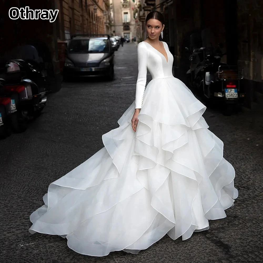 

Othray A-line Satin Wedding Dresses V-Neck Buttons Back Ruffled Train Long Sleeves Tiered Pleat Gowns Luxury Vestidos De Novia